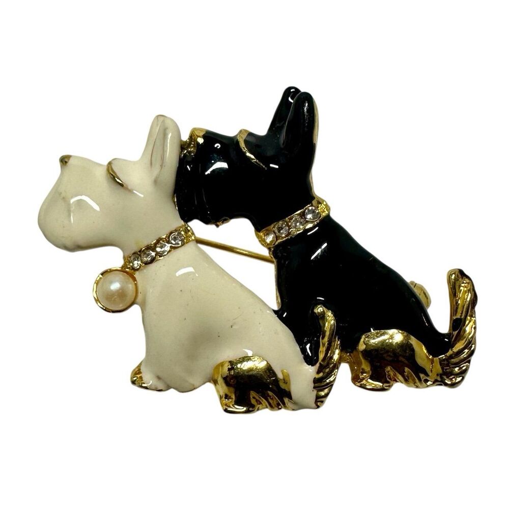 Black & White Enamel Schnauzers Rhinestone Collars One Pearl Brooch Pin